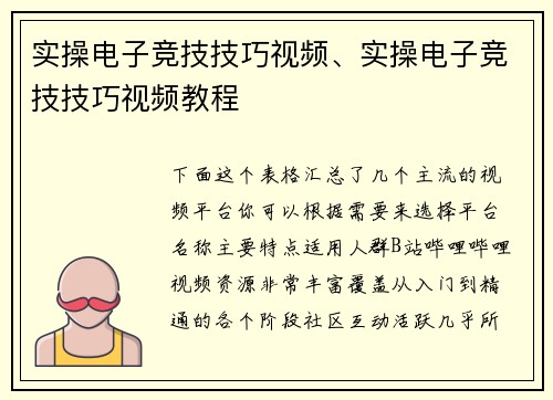实操电子竞技技巧视频、实操电子竞技技巧视频教程