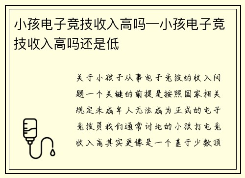 小孩电子竞技收入高吗—小孩电子竞技收入高吗还是低